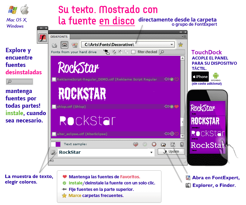 DiskFonts panel, Su texto. Mostrado con
la fuente en disco directamente desde la carpeta o grupo de FontExpert. Explore y encuentre fuentes desinstaladas mantenga fuentes por todas partes! Instale, cuando sea necesario. Mantenga las fuentes de Favoritos. Instale/deinstale la fuente con un solo clic. Abra fuente en Mac Finder y Windows Explorer, iPhone, iPod, Android. DiskFonts panel, Su texto. Mostrado con
la fuente en disco directamente desde la carpeta o grupo de FontExpert. Explore y encuentre fuentes desinstaladas mantenga fuentes por todas partes! Instale, cuando sea necesario. Mantenga las fuentes de Favoritos. Instale/deinstale la fuente con un solo clic. Abra fuente en Mac Finder y Windows Explorer, iPhone, iPod, Android.
