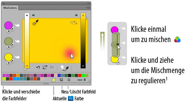 MixColors: Klicke und verschiebe die Farbfelder um sie neu anzuordnen. Neu ⁄ Löscht Farbfeld. Aktuelle PS Farbe. Klicke einmal um zu mischen. Klicke und ziehe um die Mischmenge zu regulieren. MixColors: Klicke und verschiebe die Farbfelder um sie neu anzuordnen. Neu ⁄ Löscht Farbfeld. Aktuelle PS Farbe. Klicke einmal um zu mischen. Klicke und ziehe um die Mischmenge zu regulieren.