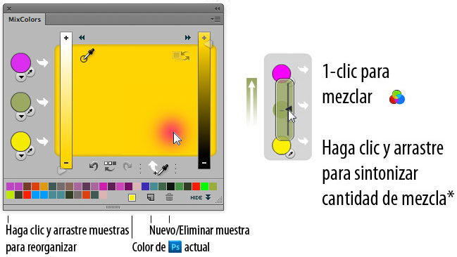MixColors: Haga clic y arrastre muestras
para reorganizar. Nuevo/Eliminar muestra. Color de Photoshop actual. 1-clic para mezclar. Haga clic y arrastre para sintonizar cantidad de mezcla. MixColors: Haga clic y arrastre muestras
para reorganizar. Nuevo/Eliminar muestra. Color de Photoshop actual. 1-clic para mezclar. Haga clic y arrastre para sintonizar cantidad de mezcla.