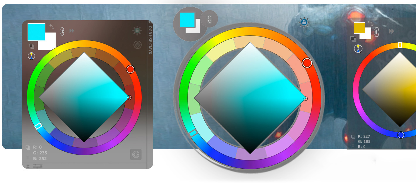 MagicPicker Color Wheel HUD in Photoshop: Crystal Glass Blur, Transparent & Opaque HUD modes. Adjust opacity 0-100