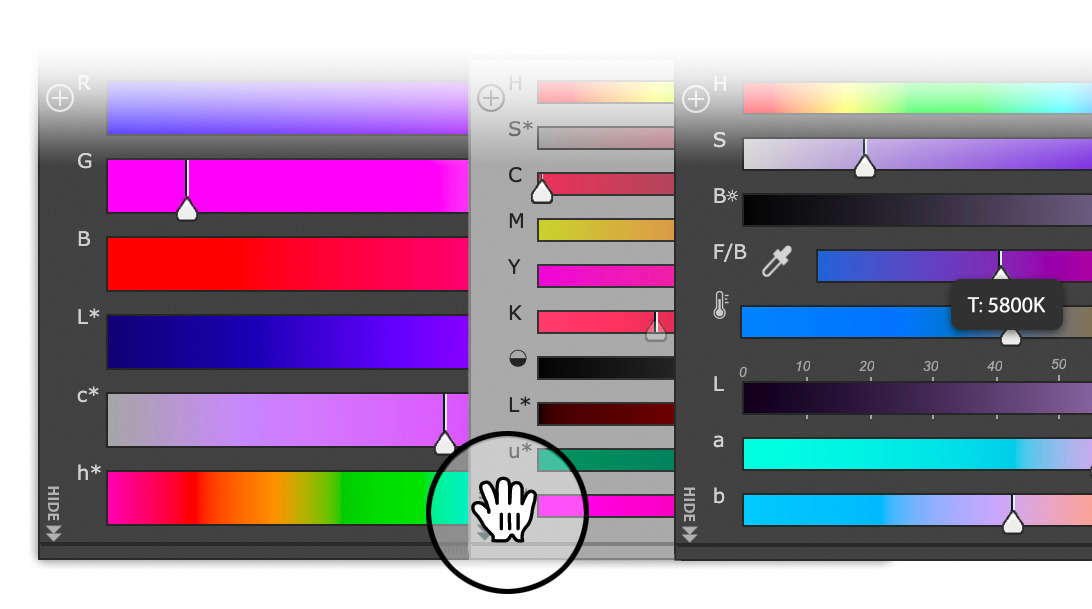 Only MagicPicker for Photoshop: RGB, HSB, Lab, L*c*h, HSL, Temperature, Gradient, Grayscale, CMYK, CIE Luv color spaces & sliders designed for artists. With switchable numeric rulers