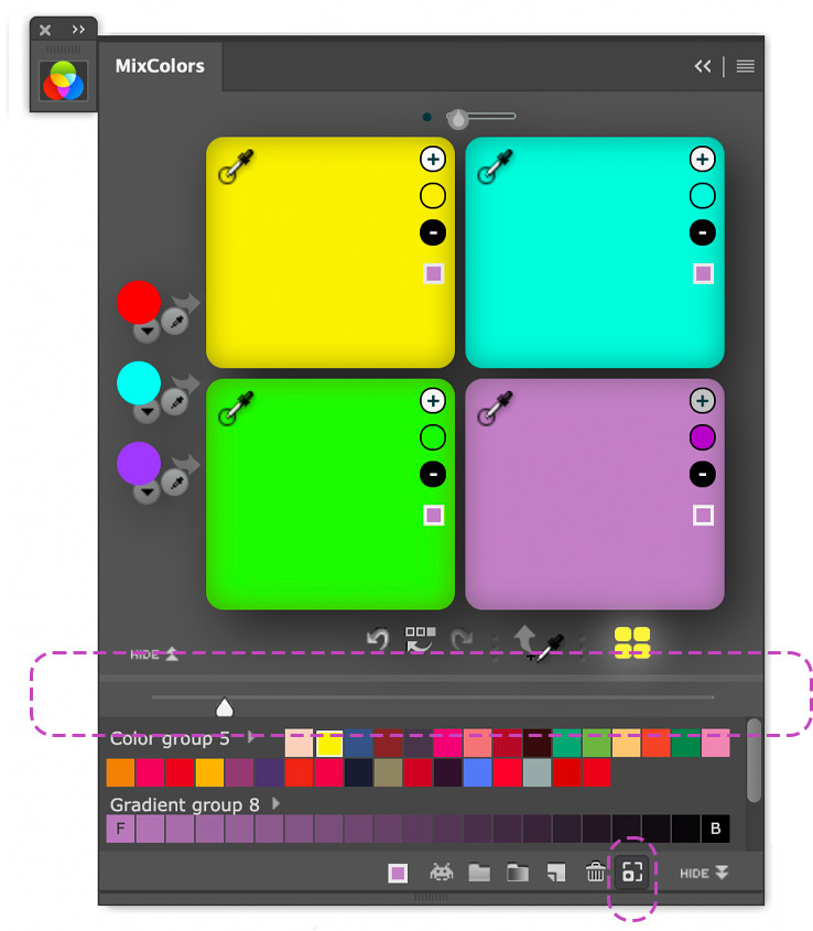 MixColors screenshot in Photoshop: multiple color mixing areas with quick actions