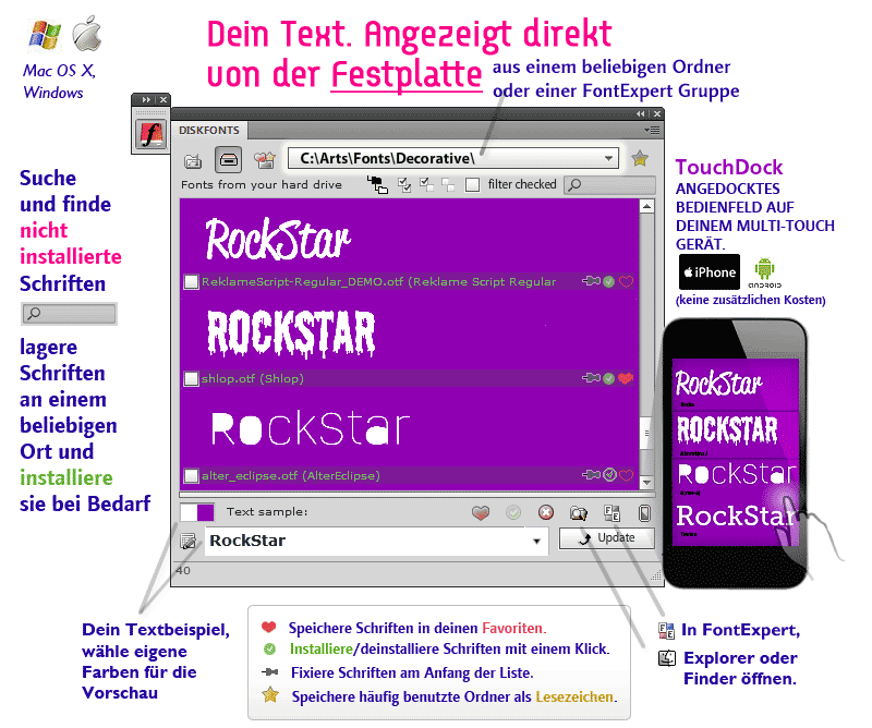 DiskFonts panel, choose between disk and FontExpert, Your text displayed with fonts from disk, Install Font, Add fonts to favorites, Bookmark frequent folders, Open font with FontExpert, Open font in Mac Finder and Windows Explorer, view on iPhone, iPod, Android
