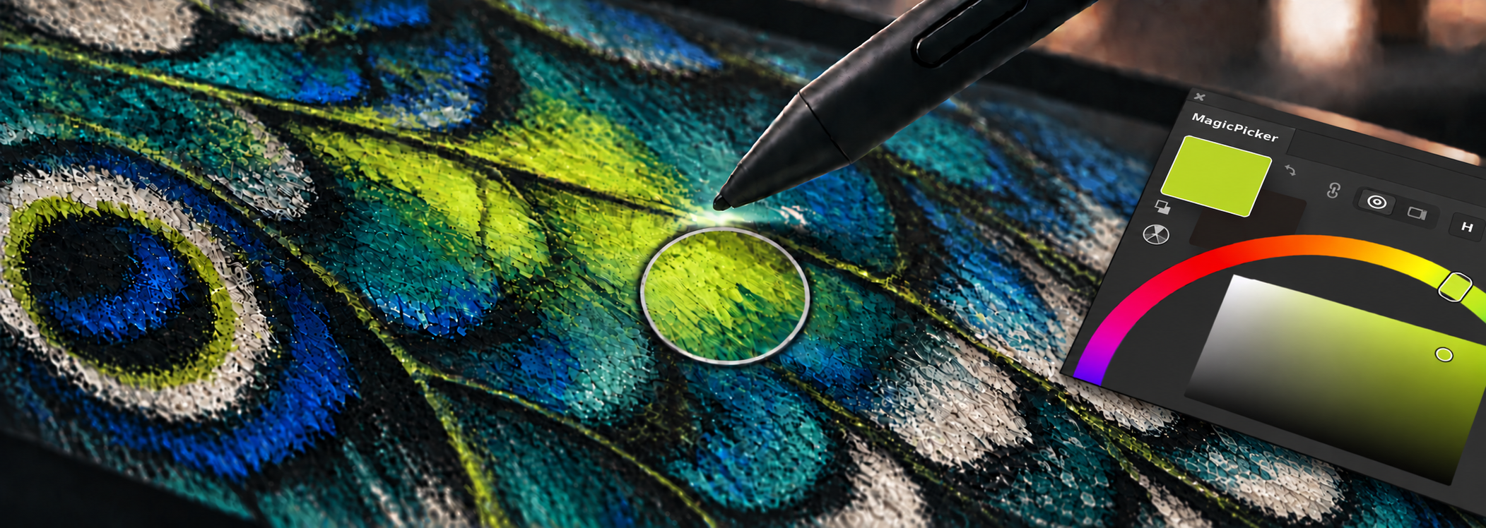 A stylus hovering above a painted canvas while Alt or Option is held, with the sampled color matching the MagicPicker swatch