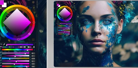 MagicPicker color wheel and sliders beside a portrait painting