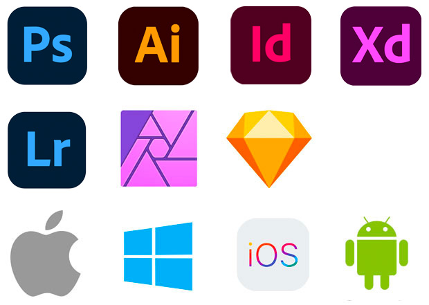 Photoshop, Illustrator, InDesign, XD, Lightroom, Affinity Photo, Sketch, macOS, Windows, iOS, Android