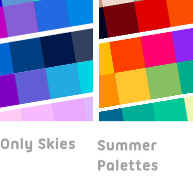Groups of color swatches in Photoshop organized into Collections: Only Skies and Summer Palettes