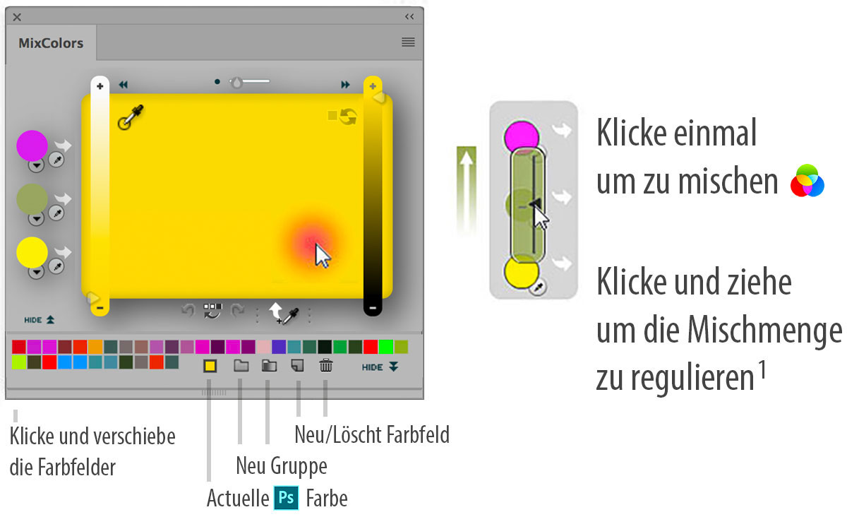 MixColors: Klicke und verschiebe die Farbfelder um sie neu anzuordnen. Neu ⁄ Löscht Farbfeld. Aktuelle PS Farbe. Klicke einmal um zu mischen. Klicke und ziehe um die Mischmenge zu regulieren.